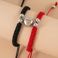 Braided couple bracelets in red and black with magnetic heart charm and silver beads - Black Red Heart Magnet