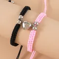 Adjustable magnetic heart braided couple bracelets in black and pink cord set - Black Pink Heart Magnet