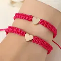 Verstelbare regenboog hart geweven armband set met gouden bedel voor vrouwen - Set van 2 / Rozerood