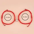 Adjustable red braided rope couple bracelets with magnetic silver heart clasps set - Red Heart Magnet