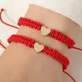 Verstelbare rode gevlochten armbandenset voor dames met gouden hartvormige bedeltjes - Set van 2 / Rood