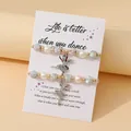 Set van twee balletdanseres kralenarmbanden met parels en fonkelende glitterbollen - Dubbellaagse Kralen / Geel (FD253285)
