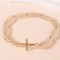 Elastic beaded bracelet with champagne crystal beads and golden cross pendant charm - Light Coffee