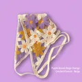 Bandana fait main au crochet avec fleurs 3D violettes et orange sur maille beige - Taille unique / Fleurs Violet Brun Beige Orange