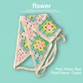 Bandana fait main au crochet beige avec motifs de fleurs granny square roses et bleues - Taille unique / Fleur à carreaux - Rose Bleu Jaune