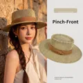 Cappello di paglia a tesa larga da donna con nastro marrone per vacanze al mare - Banda Caffè (D-0006)