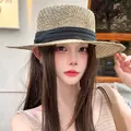 Cappello di paglia da donna con fiocco nero per protezione solare e vacanze al mare - Banda Nera (D-0006)