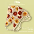 Bandana fait main au crochet avec motifs marguerites rouges et jaunes en beige blanc - Taille unique / Marguerite Rouge Jaune - Blanc cassé
