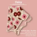 Bandana en crochet rose et marron avec motifs marguerites faits main et liens à nouer - Taille unique / Marguerite Rose Marron - Blanc cassé