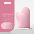 Pink velvet tanning mitt with waterproof PE liner and double-sided application design - Thumb Mitt / Pink