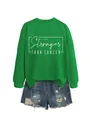 Flat lay of green Stronger Than Cancer sweatshirt and distressed denim shorts ensemble - S / Grass Green (White Font)