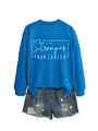 Flat lay of blue Stronger Than Cancer sweatshirt with distressed denim shorts - S / Lake Blue (White Font)