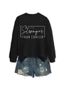 Detail of Stronger Than Cancer slogan print on black long sleeve crewneck sweatshirt - S / Black (White Font)