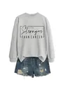 Detail of grey crewneck sweatshirt with Stronger Than Cancer print and denim shorts - S / Grey (Black Font)