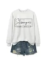 Detail of Stronger Than Cancer print on white sweatshirt with frayed denim shorts - S / Off-White (Black Font)