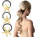 Set of golden starfish hair ties with three unique textures on elastic black bands - Gold Starfish Theme Combo