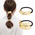 Detail of hammer-textured gold metal charm on high-elasticity black hair tie band - Gold Hammered Metal Style