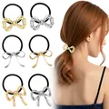 Detail view of gold and silver metallic bow hair ties with high elastic black rubber bands - Gold Silver Multiple Bow Series Combo