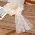 Beige woven straw sun hat with white mesh ribbon and pink floral accents for women - Pink Ribbon Beige
