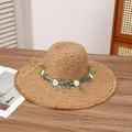 Wide brim straw sun hat with white daisy wreath and frayed edges for summer beach vacation - Large Wormwood Khaki