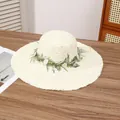 Beige woven straw sun hat with daisy floral band and frayed wide brim edge - Da La Mugwort Milk White