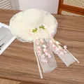 Beige straw sun hat with lace trim and organza ribbons featuring 3D floral accents - Hanging Wind Chimes Milky White