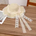 Beige wide brim straw sun hat with white lace ribbon and large bow detail - Wide Binding Beige