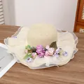 Beige straw sun hat with white lace brim and purple flower decor for beach vacations - Artificial Flower Beige