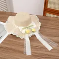 Beige straw sun hat with white lace trim, large bow and floral accents for beach vacations - Two Yellow Flowers Beige