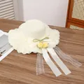 Elegant cream straw sun hat with lace edge, yellow flowers, and bow decoration - Two Yellow-white Flowers