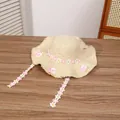Women's summer straw hat in beige with pink daisy decorations and floral ribbon ties - Peach Blossom Beige