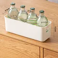 White plastic storage bin with handles for organizing bottles on wooden desks - Thickened Small Narrow No Lid Cream White