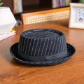 Classic black and white striped wool fedora hat with elegant ribbon on wooden surface - 58cm / Black