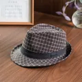 British style wool fedora with white plaid pattern and black ribbon on wooden desk - 58cm / Checkerboard Coffee