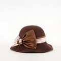 Elegante cappello cloche vintage in lana marrone da donna con fiocco in nastro di raso - M (56-58cm) / Colore a contrasto / Caffè a Contrasto