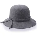 Elegant dark grey wool felt bowler hat for women with minimalist bow and decorative ribbon - Mixed Gray