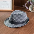 Classic British style grey plaid jazz hat with black band on wooden background - 58cm / Checkered Grey