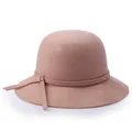 Elegant wool felt cloche hat for women in dusty rose with decorative ribbon detail - Camel