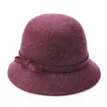 Elegant wine red wool felt cloche hat for women with bow detail on white background - Mixed Purple