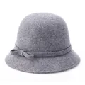 Classic grey wool cloche hat for women with a subtle side bow on a white background - Mixed Gray