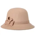 Eleganter Vintage Woll-Glockenhut für Damen in Kamelbeige mit dekorativer Doppelschleife - 57cm Einstellbar / Khaki