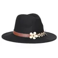 Cappello fedora in lana nera con fascia marrone e applicazioni floreali bianche - 57cm Regolabile / Nero