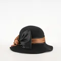 Elegante cappello cloche in lana nera da donna con fiocco in raso bicolore - M (56-58cm) / Colore a contrasto / Nero a Contrasto
