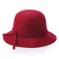 Elegant deep red wool cloche hat for women with minimalist decorative band and bow - Burgundy