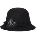 Elegante cappello cloche nero in lana da donna con fiore laterale e pompon di pelliccia - M(56-58cm) / Nero
