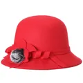 Eleganter roter Wollglockenhut für Damen mit Blumendetail und Webpelz-Akzent - M(56-58cm) / Rot