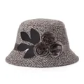 Women's vintage wool felt bucket hat in brownish grey with elegant leaf and pom-pom decor - M (56-58cm) / Khaki