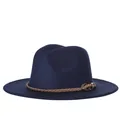 Dunkelblauer Fedora-Hut mit breiter Krempe, braunem Flechtband und Gold-Schnalle - 57cm Einstellbar / Cyan