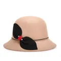 Classic camel wool felt cloche hat for women with black bow and elegant bead chain - Khaki