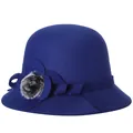 Cappello cloche da donna in feltro di lana blu reale con fiore in tessuto e pompon - M(56-58cm) / Blu